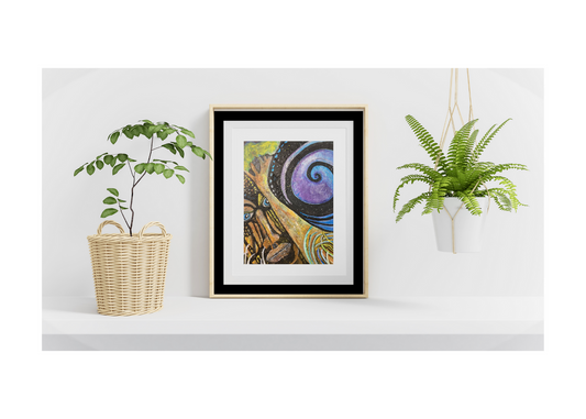 Print on A3, 300gsm White Card of renowned artist Karen Browne's painting titled "Man in the Distance Gazing Behind Tane". Featuring Tane laying deep in the forest and growing tall and strong with each day, the painting serves as a protector of nature and its people. Bursts of vibrant colours intermittently balance the darkness, adding depth, strength and intrigue.