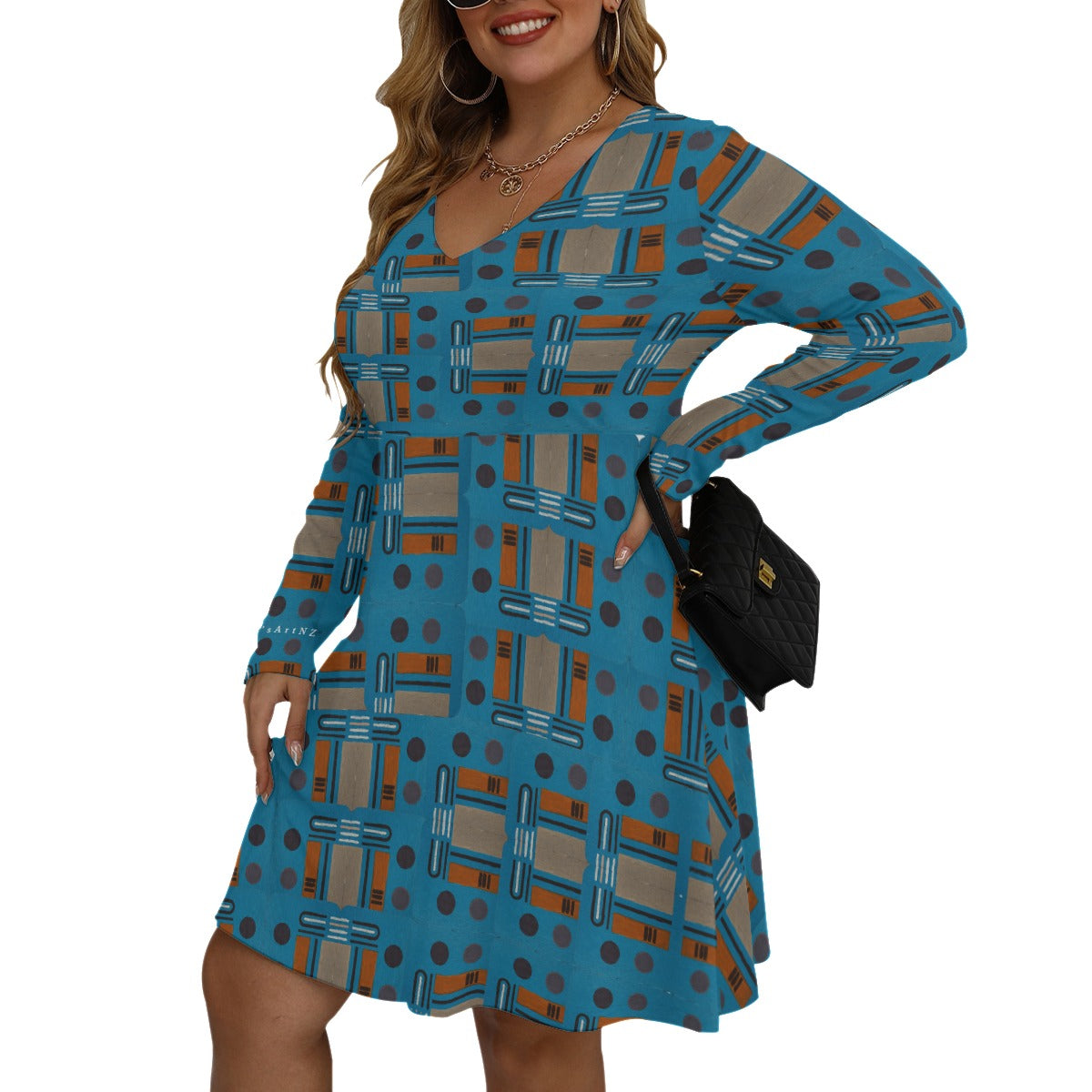 Domino Effect 2 - Women's V-neck Long Sleeve Dress(Plus Size)
